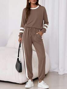 PRETTYGARDEN Women Fall 2 Piece Lounge Outfit Long Sleeve Tops High Waisted Jogger Pants Set Spring Travel Clothes Tracksuit New Years Valentine Vacation Outfit For Women - 深卡其 - 查看 5