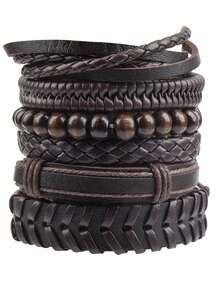 6pcs Vintage Black Woven Leather Bracelet DIY Combination Set For Men