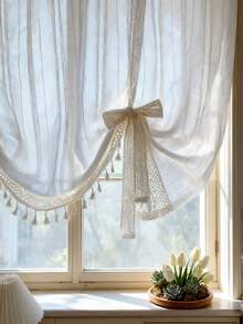 1Pc,Japanese-Style Vintage Striped Sheer Adjustable Lift Curtains With Crochet Lace Trim,Beige Linen-Look Semi-Transparent Tassel Pendants Short Curtains For Kitchen Home Room Dining Room - Beige - View 8