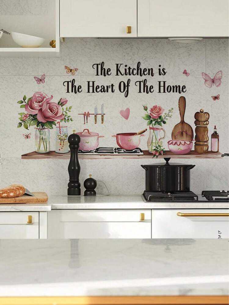 1pc Pink Rose Dinnerware English Quote Wall Decal, Removable Wall Sticker For Kitchen, Dining Room, Bedroom Decor - Pink - View 5