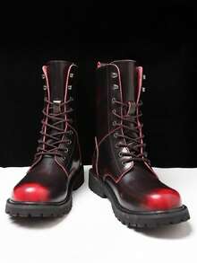 Shiny Soft Leather Non Abrasive High Top Leather Riding Boots, Thick Soled Height Increasing Boots For Men, Red Border Contrasting Motorcycle Boots, A Must-Have For Men In Autumn And Winter, High-Quality And Comfortable Men's Boots, Outdoor Large Size 38-48 Men's Casual Shoes(Asymmetric Pattern) - Apply Red - View 3