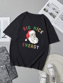 Camiseta Divertida de Nick Energy Grande para Hombre| Impresión gráfica de Santa Claus y Sra. Claus, negro con letras blancas, conjunto casual para fiesta de Navidad, camiseta de manga corta con cuello redondo para regalos navideños y uso durante todo el año, para todas las estaciones, cuello redondo, ajuste regular - Negro - Ver 3