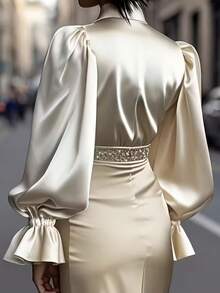 Women's Satin Button-Down Shirt, Long Sleeve V-Neck Blouse, Lantern Sleeve Loose Casual Office Business Wear Top, Spring/Summer/Autumn - Champagne - View 3