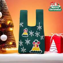 Women Thick Knitted Handbag - Winter Snowflake And Snowman Pattern Tote Bag, Green And Red Snowflake Design, Sturdy Knitted Fabric, Open Women Handbag, Suitable, New Year, Daily Use - Festive Winter Accessories (Green/Red) - Durable And Easy To Care Handbag, Women, Knitted Tote Bag With Snowman And Snowflake Pattern, Versatile Choice Shopping And Casual Outings - 喜慶紅兔 - 查看 1