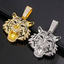 1PC Fashion Pop Punk Rock Full Rhinestone Tiger Head Pendant Hip Hop Style Necklace Ornament Men's - 金老虎頭吊墜項鍊 - 查看 4