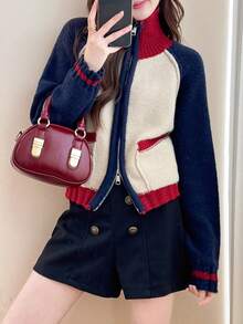 Alicedudu Áo len cardigan cổ đứng phối màu phong cách đại học cổ điển dành cho nữ, Thu/Đông - Nhiều màu - Xem 2
