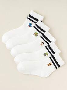 随机赠送1/5双儿童卡通趣味印花袜子套装，图案包括猴子、香蕉、恐龙、鲨鱼和咖啡女郎，可爱平行条纹设计，学生必备袜子 - 彩色 - 查看 2