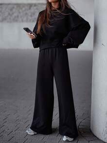 两件套女士纯色圆领长袖T恤和高腰阔腿裤套装，适合秋冬季日常穿着，黑色春季款 - 黑色 - 查看 5