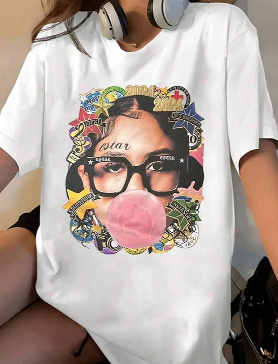 180g Loose Cotton Short Sleeve Single Side Printed T-Shirt With Retro Portrait Pattern Retro Hip Hop Style Street Y2K Pr - 白色 - 查看 1