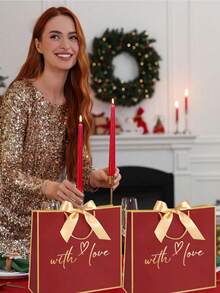 1 pieza Bolsa de regalo con forma de corazón, bolsa de regalo de papel con decoración de lazo, bolsa plegable y ligera, viene con cinta, perfecta para regalos de cumpleaños, bodas, Año Nuevo, Día de San Valentín, aniversarios, Día del Maestro