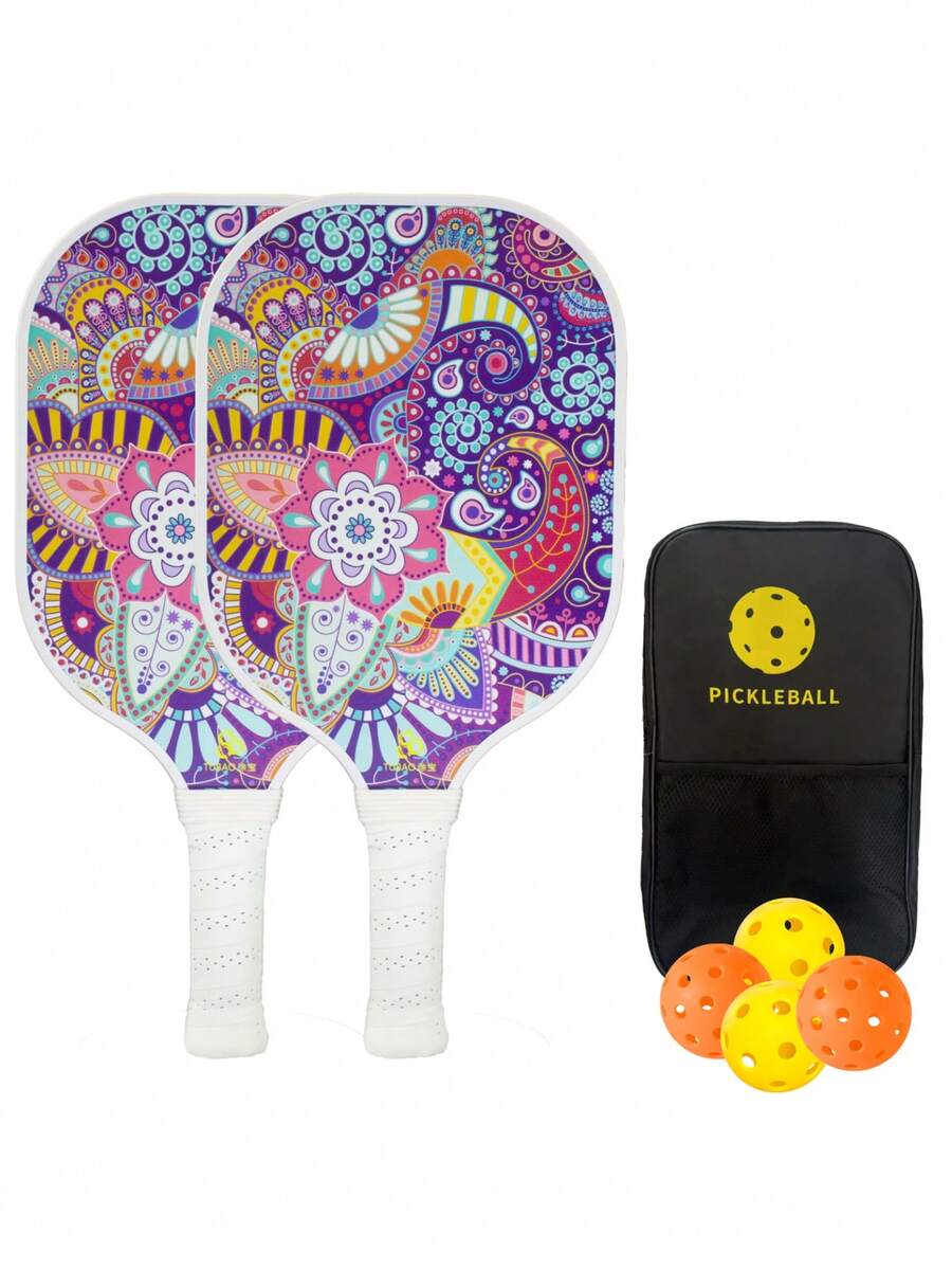 TUBAO Pickleball Paddle Set Glass Fiber Bohemian Mandala Pattern With Vibrant Multicolor, Includes Storage Bag & Balls, Leisure Sport Gear For Outdoor Indoor Activities, Lightweight Sweat-Absorbent Grip For Comfortable Use, Stylish Sports Kit