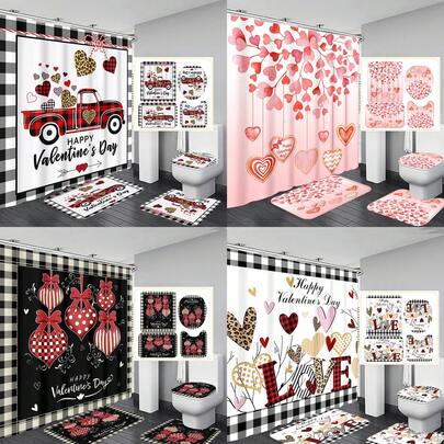 1pc/4pcs Valentine's Day Plaid Heart Shower Curtain Set, Includes 12 Hooks, Vintage Truck, Gnome Design, Pink Retro Heart Bathroom Decor, Perfect For Bathroom Decoration, Home Decor, Valentine's Day Decoration
