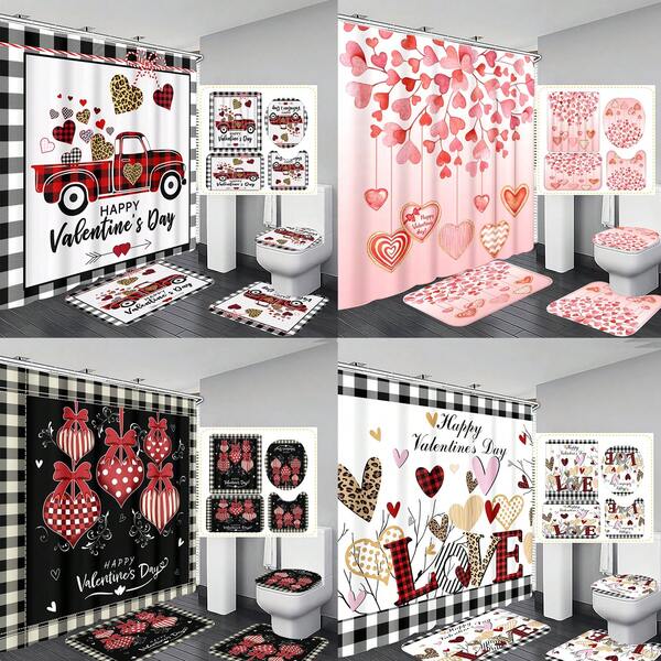 1pc/4pcs Valentine's Day Plaid Heart Shower Curtain Set, Includes 12 Hooks, Vintage Truck, Gnome Design, Pink Retro Heart Bathroom Decor, Perfect For Bathroom Decoration, Home Decor, Valentine's Day Decoration