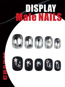 30片装短椭圆形按压式假指甲，黑色银色星星图案，银色珠子水钻设计，哥特朋克风格，亮面全覆盖假指甲，男士日常佩戴，美甲用品 - 彩色 - 查看 3