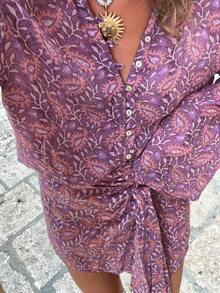 Women's Casual Bohemian Style Elegant 2-Piece Set, Shirt Collar Top Paired With Tie-Up Midi Skirt, Suitable For Summer Vacation And Beach Outfit - Lilac Purple - View 4