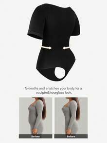 1 pieza Shapewear para mujer talla grande, control de abdomen, levantamiento de glúteos, mono con mangas cortas, para verano - Negro - Ver 2