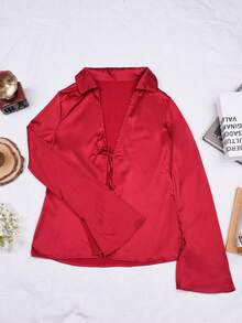 Apperloth A Satin Lapel Bow Tie Long Sleeve Flared Cuff Split Hem Fitted Shirt With Suspender Design - Red - View 6