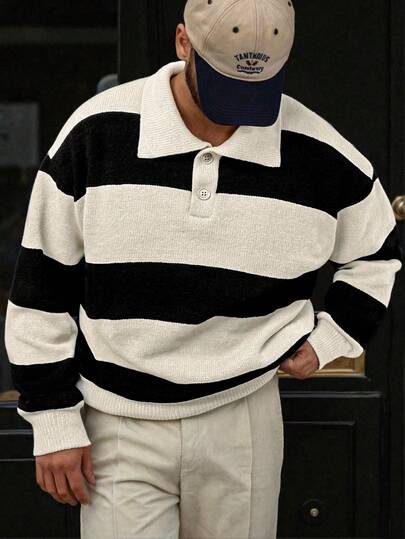 Autumn/Winter Korean Style Casual Striped Contrast Color Polo Collar Lightweight Slim Fit Pullover Knit Top