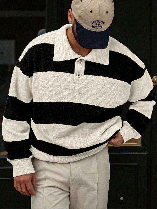 Autumn/Winter Korean Style Casual Striped Contrast Color Polo Collar Lightweight Slim Fit Pullover Knit Top