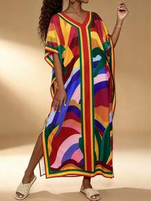 女式加大码 V 领短袖花卉印花休闲连衣裙，朴素的长袍