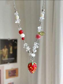 1 件清新甜美 Y2k 草莓吊坠项链串珠颈链仿珍珠锁骨链 - 紅色 - 查看 5