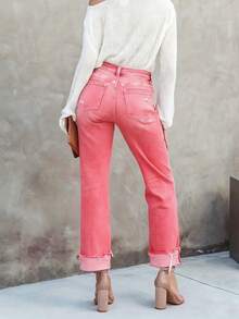 Elegant Women's Straight-Leg Jeans With Button, Zipper, Pockets And Distressed Details, Suitable For Party Or Casual Everyday Wear Pink - Pink - View 3