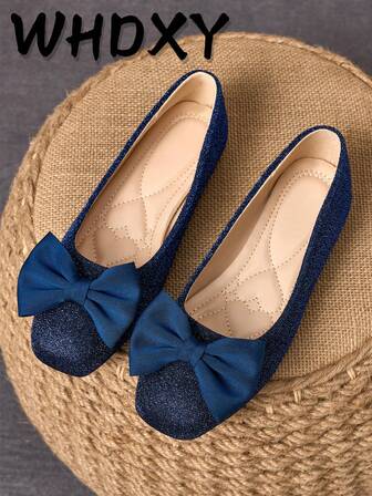 WHDXY Women's Navy Blue Bow Square Toe Flat Shoes, Soft & Shock-Absorbing, Non-Slip & Durable, Comfortable For College Students/Office Workers, Suitable For Work, School, Shopping