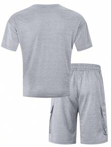 男士夏季浅灰色休闲宽松T恤+工装短裤两件套，男士运动休闲风，适合海滩、度假、旅行，舒适百搭 - 灰色 - 查看 4