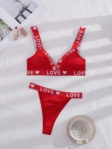 Women's Fashionable Sexy Red Heart & Letter Bra Set - Red - View 2
