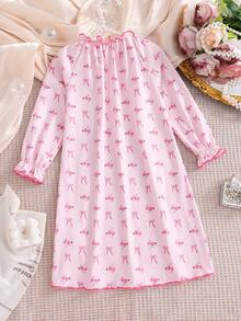 Este dulce, elegante y casual conjunto de ropa de estar en casa de manga larga está diseñado especialmente para niñas. Presenta un cuello redondo con estampado de lazos rosas y un bajo recogido, creando un estilo de princesa cómodo. Es muy adecuado para usar en casa, leer, descansar y relajarse. También es un gran regalo para niños o amigos. - Rosa - Ver 5