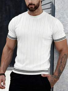 ALTZTAR 男士圆领短袖条纹拼接纯色休闲针织上衣 - 白色 - 查看 3