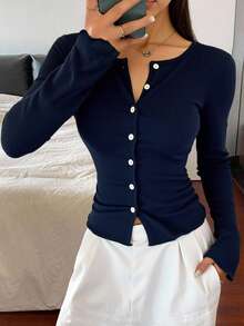 Livesso Áo khoác cardigan dáng ôm cổ tròn họa tiết gân đơn giản tay dài cho nữ, quần áo mùa thu cho nữ - Màu xanh hải quân - Xem 2