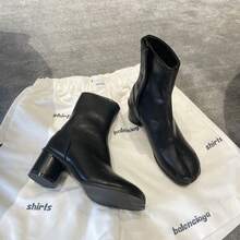 Genuine Leather Split-Toe Chunky Heel Mid-Calf Chelsea Boots For Women. - 黑色(單裡) - 查看 3