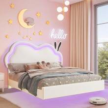 Floating Upholstered Bed Frame With LED Light, Cute Cloud Headboard For Girls, Sturdy Construction, Easy Assembly, No Box Spring Needed - 白色 - 查看 1