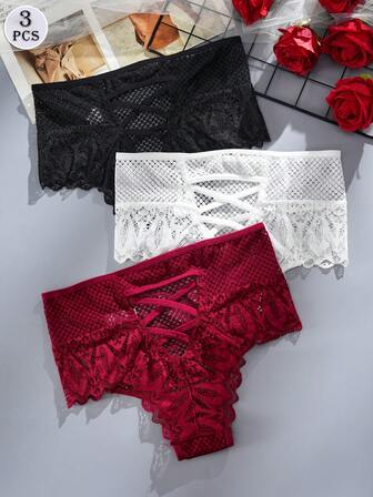 3 Pcs Ladies' Elegant Lace Hip Underwear - Hollow Design, Polyamide And Spandex Blended, Solid Color, High Waist Knitted Fabric Underwear