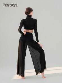 DonsGirl 女式高领短款上衣和超柔软弹力网眼阔腿裤套装 - 百搭黑色套装，适合空中瑜伽、现代/古典芭蕾舞表演服装 - 黑色 - 查看 3