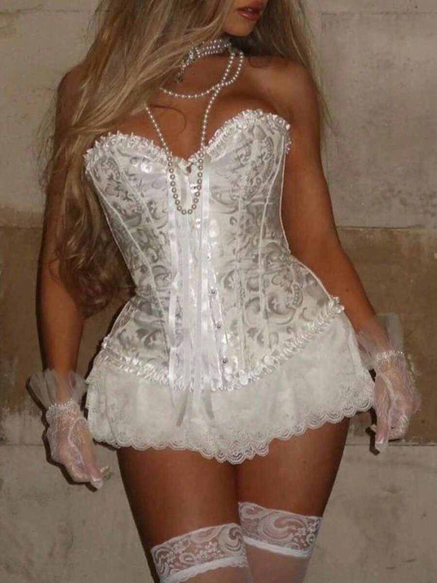 Apperloth A Áo corset kiểu Gothic in họa tiết Jacquard, thắt dây phía trước, có bèo nhún, hở lưng, phù hợp cho phụ nữ cỡ lớn đi dự tiệc rave, lễ hội âm nhạc, đám cưới, tiệc tùng, màu trắng mùa hè. - trắng - Xem 1