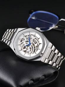 LONGLUX 1pc Men's Hollow Automatic Mechanical Watch With Butterfly Buckle Steel Strap, Minimalist & Fashionable For Daily Wear, Suitable As Holiday Gift