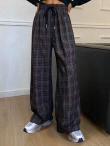 Livesso 女士秋冬格子系带前袋休闲裤 - 棕色 - 查看 3