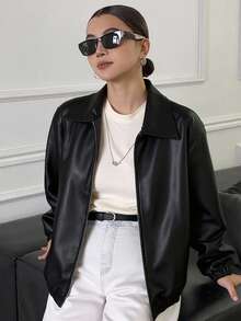 Livesso Chaqueta de piel de imitación con bolsillos en ángulo, ropa de mujer de otoño - Negro - Ver 5