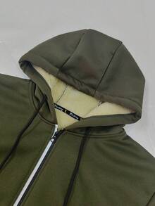 Hidkat 男士冬季保暖内衬卫衣，拉链印花口袋休闲卫衣，适合日常穿着 - 橄欖綠 - 查看 6