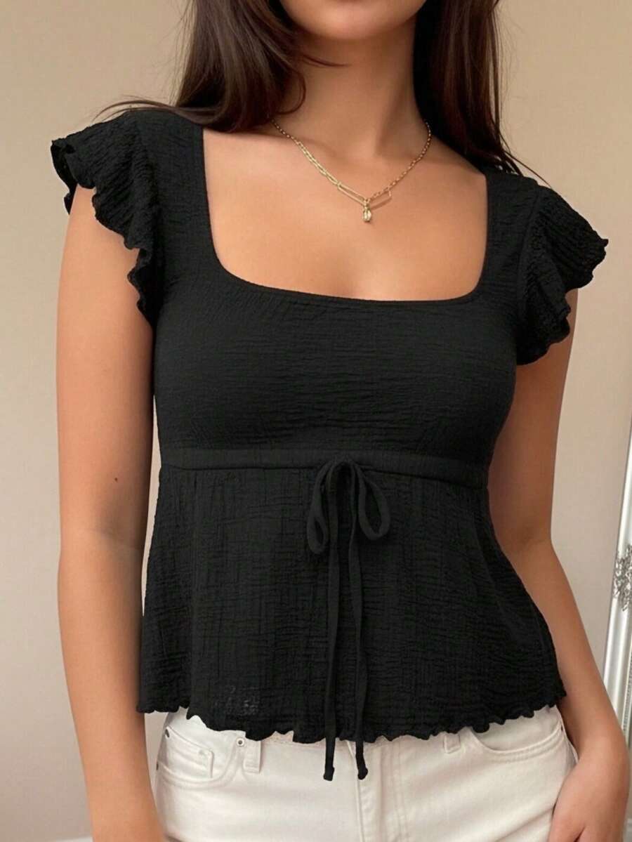 Women's Solid Color Cropped Square Neck Top With Bow Tie, Ruffle Cuffs, Flared Hem, And Slim Fit, Y2K Cute Style And French Elegant Style, Simple Versatile Design, Perfect For Everyday Outings, Street Style Photos, City Walks, Cafe Dates, Concerts, And Valentine's Day Outfits - 黑色 - 查看 1