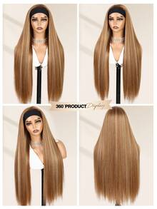 32英寸长直发发箍挑染金色Yaki直发合成假发，女士款，耐热，适合日常佩戴和派对佩戴