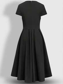 Elegant V Neck Short Sleeve Pleated Midi Dress For Women With Asymmetrical Hem And Pockets A Line Fit And Flare Party Style - 黑色 - 查看 2