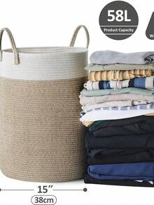 Woven Cotton Rope Laundry Hamper - 58L Collapsible Dirty Clothes Basket - Multicolor - View 11