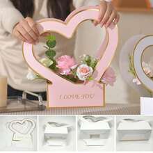 2 Pcs Heart Shaped Handheld Flower Box Folding Paper Flower Bouquet Wrapping Basket Flower Packaging Gift Box For Valentine's Day Floral Arrangement Wedding Mother's Day - Multicolor - View 4