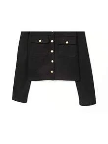 SHIBASHAN 女士复古单排扣酒红色长袖外套，带口袋，秋季休闲OL外套，黑色春季款 - 黑色 - 查看 7