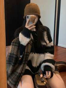 Women's Fashionable Versatile Striped Pullover Sweater, Knitted Casual Long Tops For Autumn/Winter - Khaki - View 6