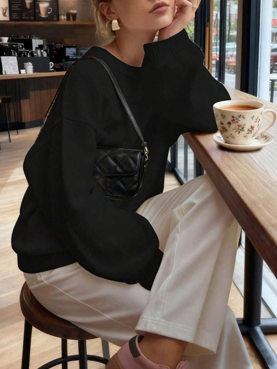 FOR BEAUTY 女士针织套头毛衣，简约优雅休闲风格，黑色纯色圆领长袖毛衣，新年版 - 黑色 - 查看 1