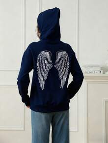 Women's Casual Graphic Print Pullover Thermal Lined Hoodie, Loose Fit Long Sleeve Winter Sweatshirt - Navy Blue - View 2